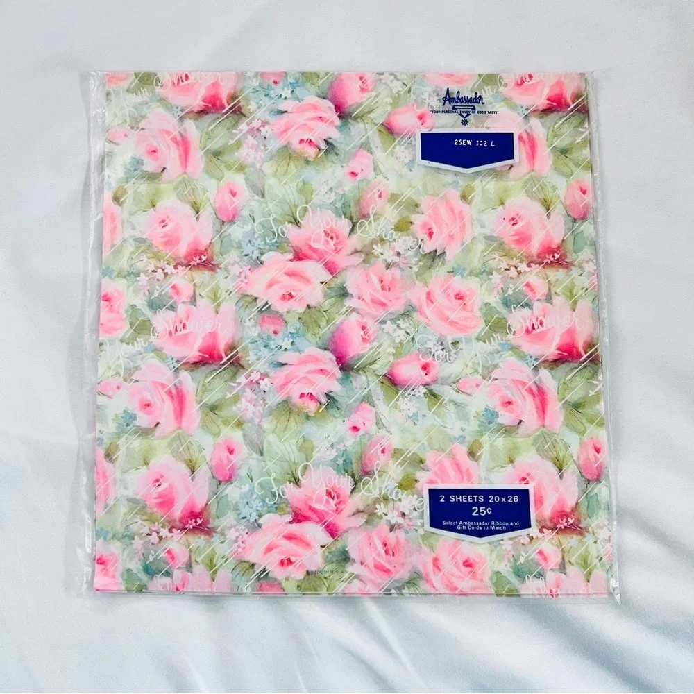 Vintage New Old Stock Hallmark Pink Floral For Your  Shower Gift Wrap Sheets
